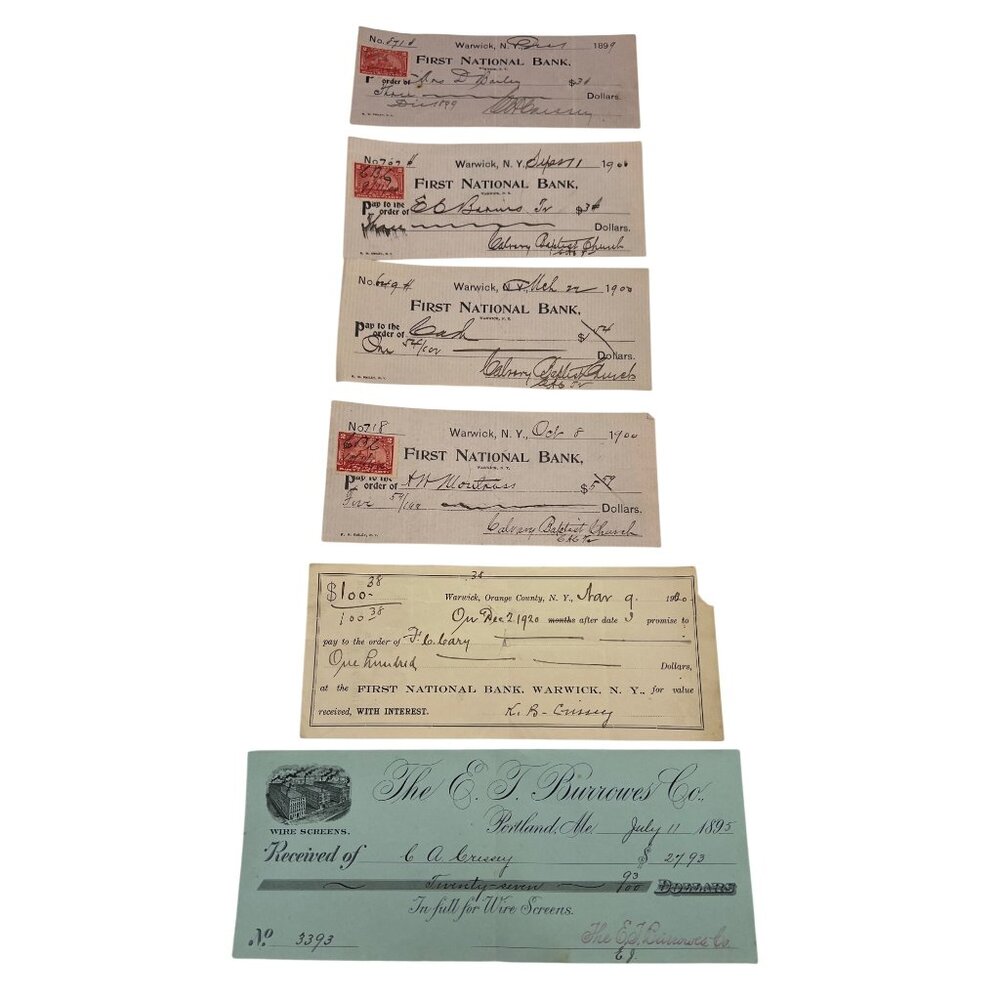 Antique 1890s–1920s First National Bank Warwick NY Checks & Receipts Ephemera
